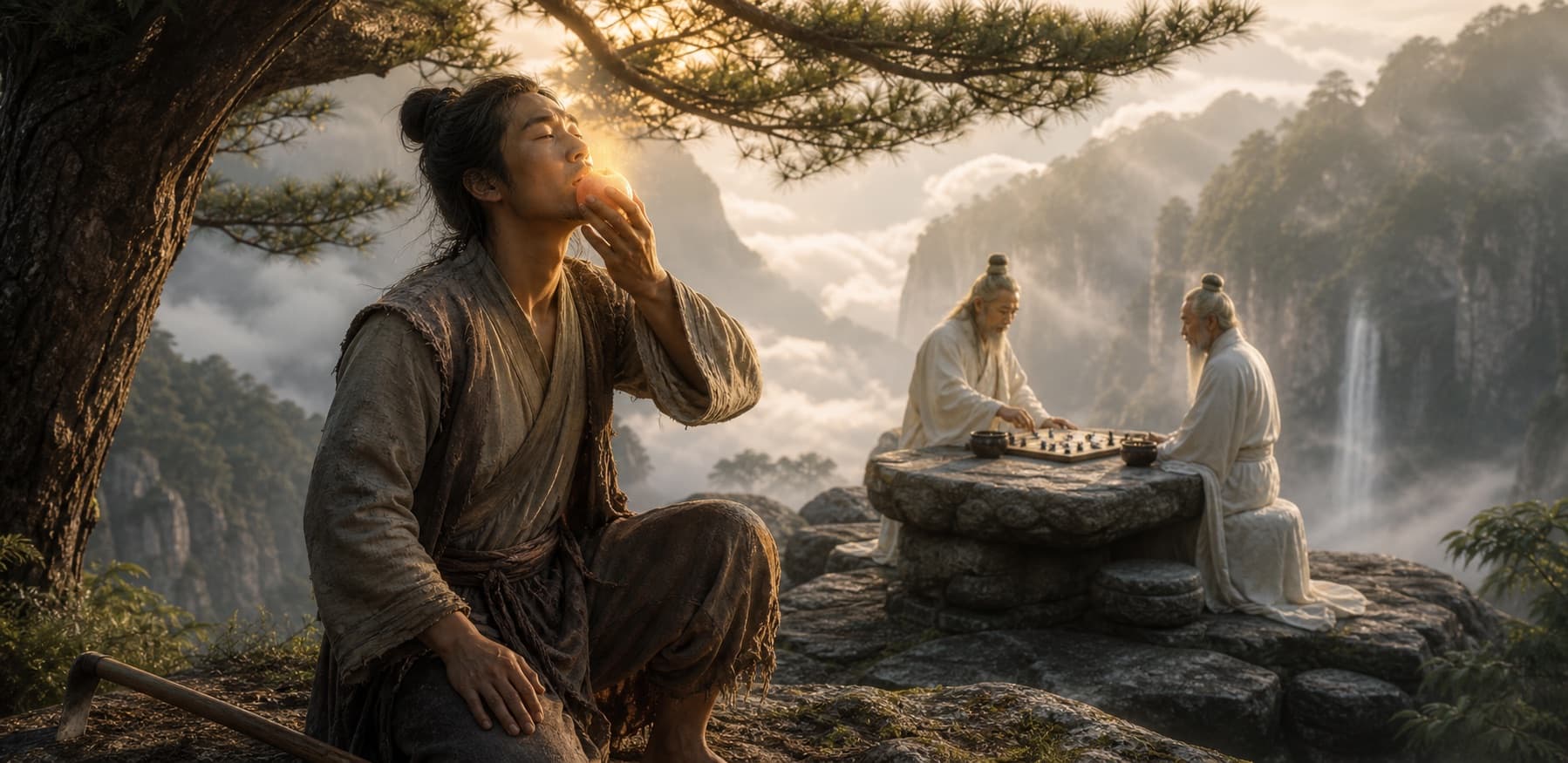 张圣君食桃悟道的电影感场景